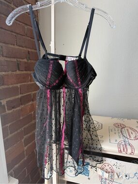 Victoria's Secret Black Sheer Babydoll Chemise with Pink Accents